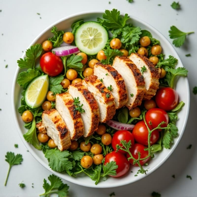 Lemon Herb Grilled Chicken Salad with Crisp Greens and Chickpeas