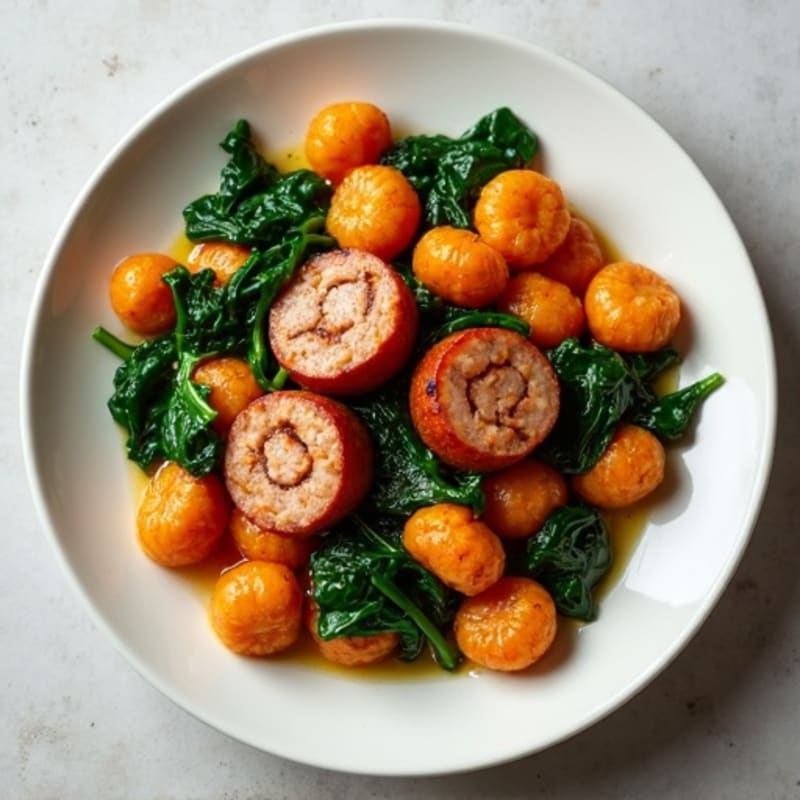 Pan-Seared Sweet Potato Gnocchi with Lean Chicken Sausage and Garlic Spinach