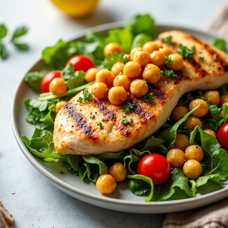 Lemon Herb Grilled Chicken with Fresh Greens, Tomatoes, and Crispy Chickpeas