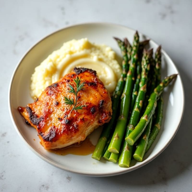 Salted Maple Glazed Chicken Thighs with Creamy Mashed Cauliflower and Roasted Asparagus