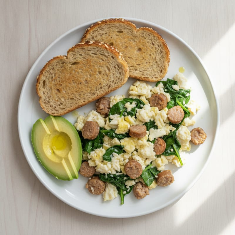 Egg White Scramble with Turkey Sausage and Spinach