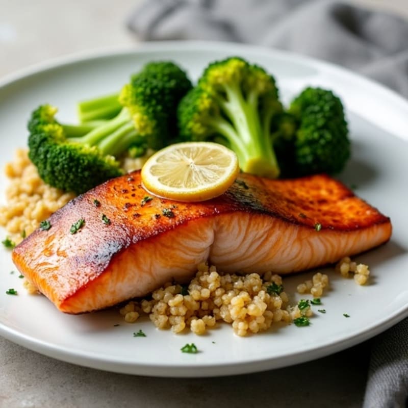Seared Salmon with Roasted Broccoli and Quinoa