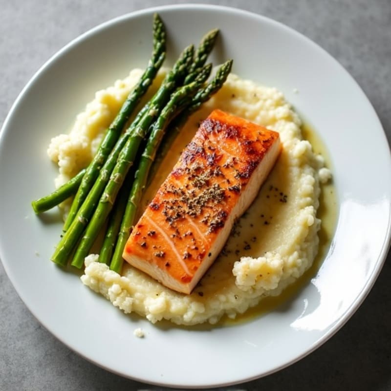 Seared Salmon with Steamed Asparagus and Cauliflower Mash