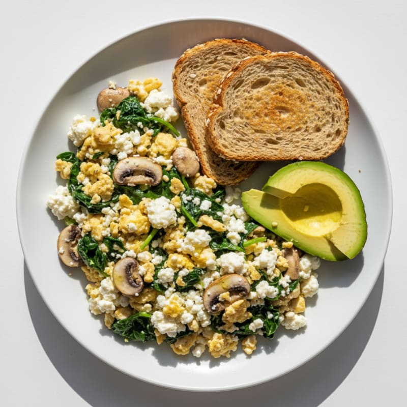 Egg White Spinach Scramble with Cottage Cheese and Sautéed Mushrooms