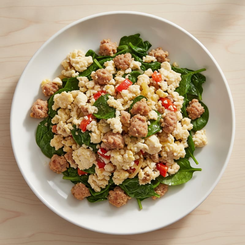 Egg White and Turkey Sausage Scramble with Sautéed Spinach
