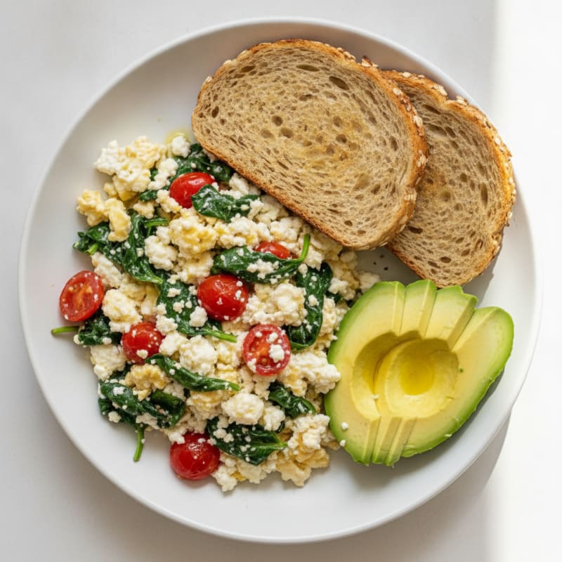 Cottage Cheese Egg White Scramble with Sautéed Spinach and Tomatoes