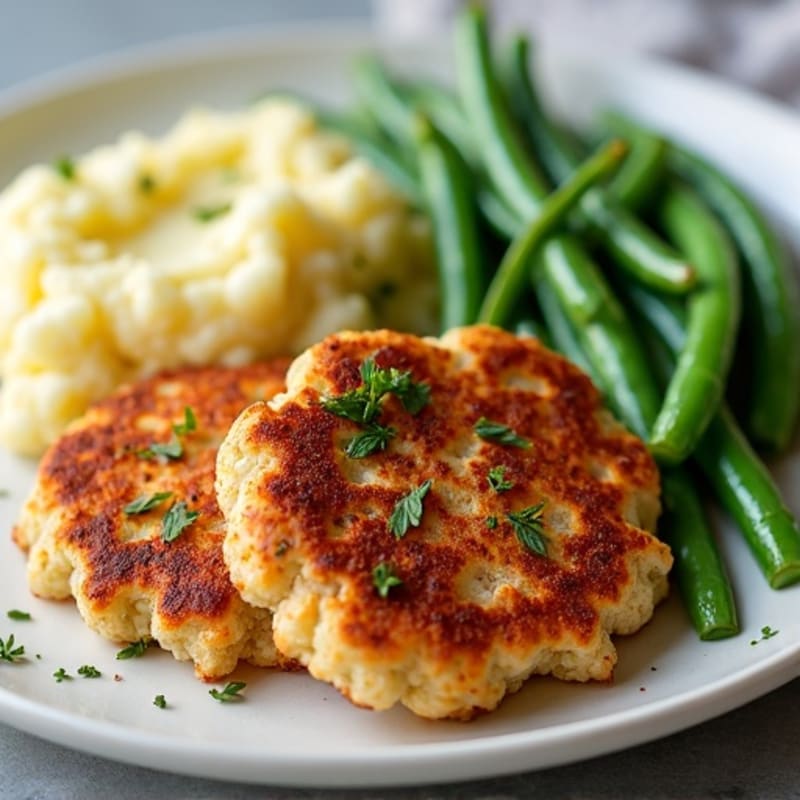 Crispy Turkey Patties with Garlic Green Beans and Mashed Cauliflower