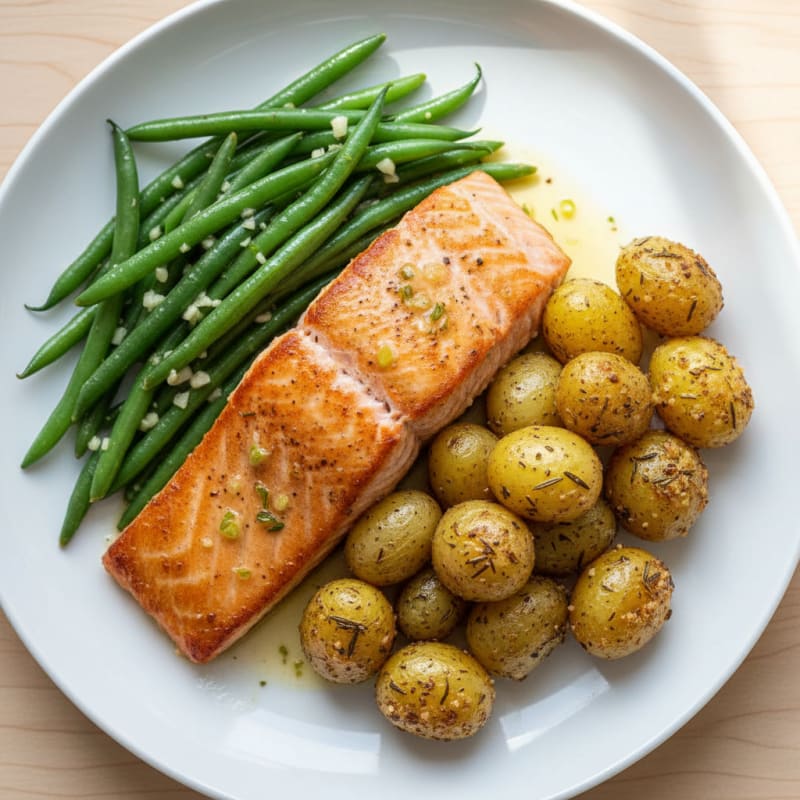 Seared Salmon Fillet with Garlic Green Beans and Herb-Roasted Baby Potatoes
