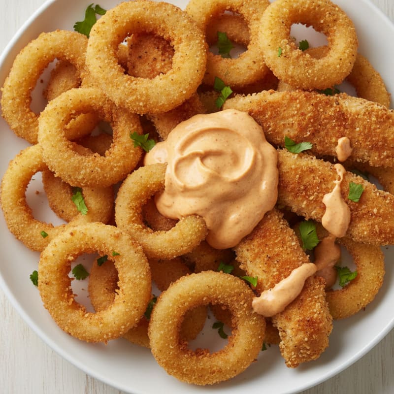 Beer-Battered Onion Rings with Chipotle Aioli & Protein Strips