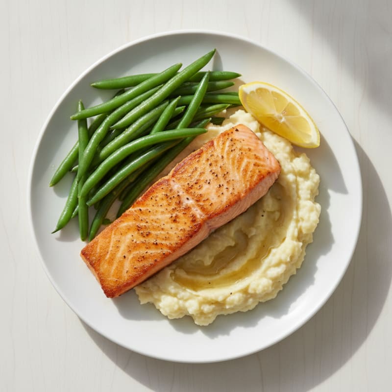 Seared Salmon with Steamed Green Beans and Mashed Cauliflower