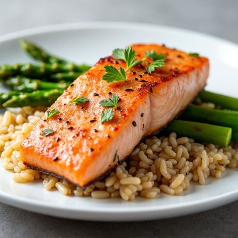 Seared Salmon with Steamed Asparagus and Brown Rice