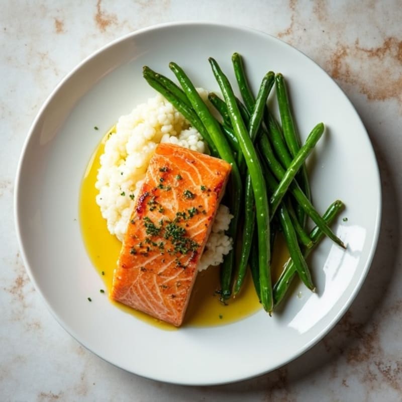 Seared Salmon with Garlic Green Beans and Cauliflower Mash