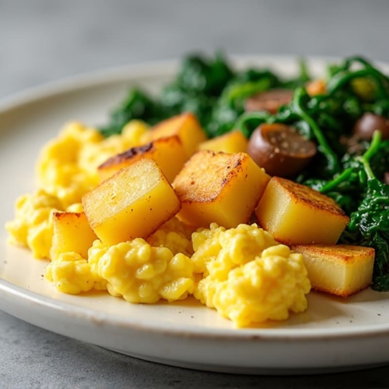 Creamy Scrambled Eggs with Roasted Potatoes and Sautéed Spinach