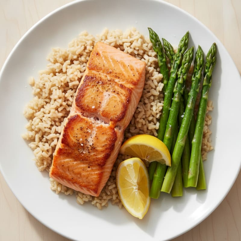 Seared Salmon Fillet with Steamed Asparagus and Brown Rice