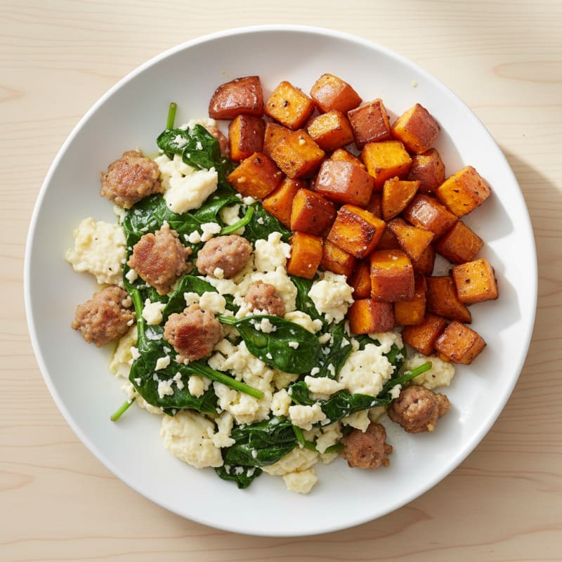 Egg White and Spinach Scramble with Turkey Sausage
