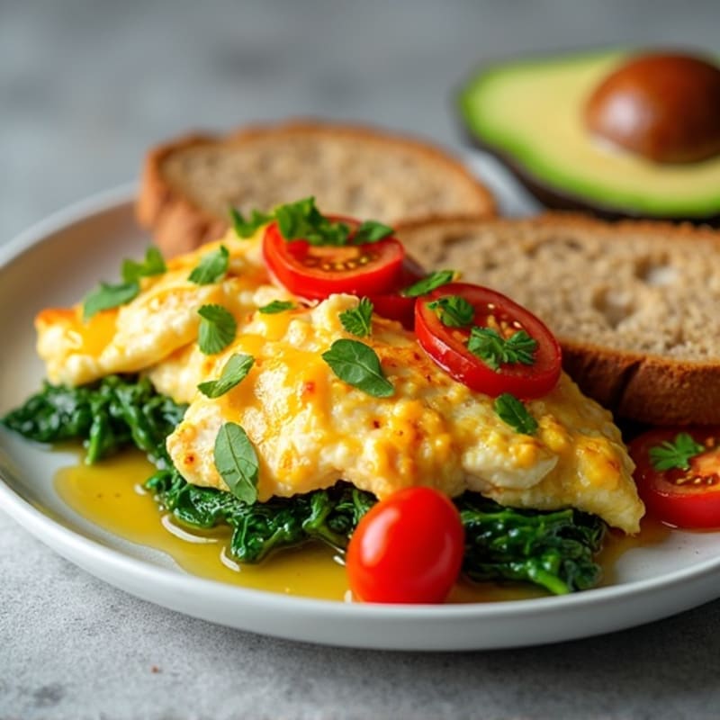 Chicken Egg White Scramble with Spinach, Tomatoes & Toast