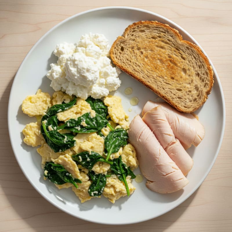Egg White Spinach Scramble with Cottage Cheese and Sliced Turkey