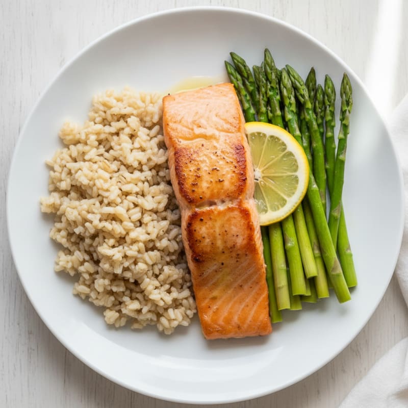 Seared Salmon Fillet with Steamed Asparagus and Brown Rice