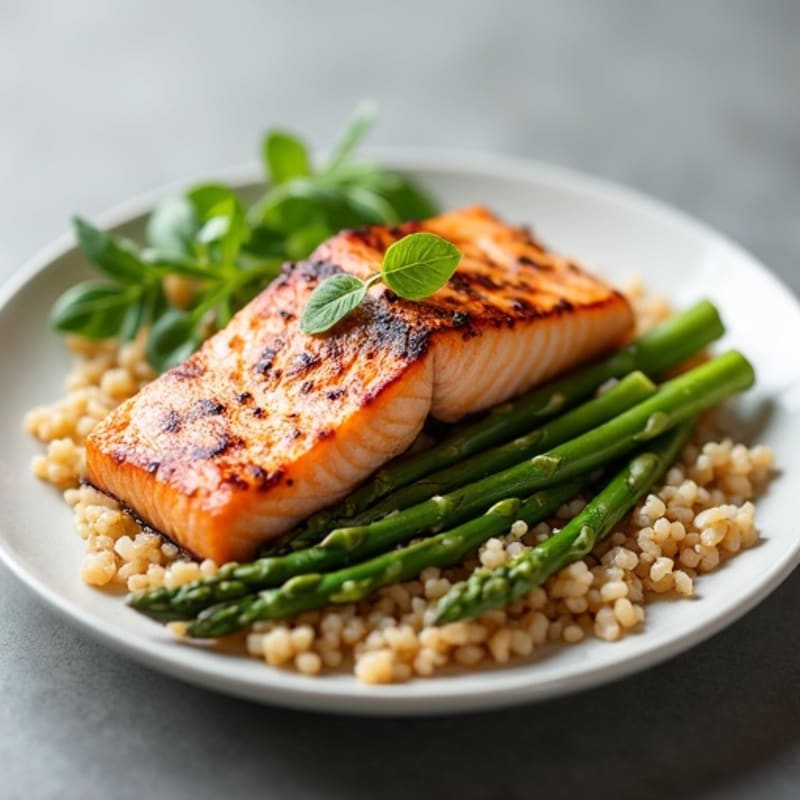 Seared Salmon Fillet with Steamed Asparagus and Brown Rice