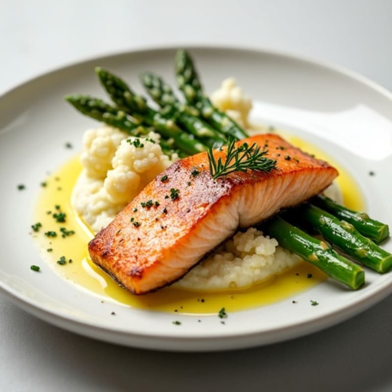 Seared Salmon with Steamed Asparagus and Cauliflower Mash