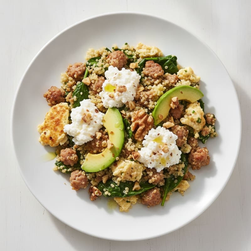 Egg White and Turkey Sausage Scramble with Cottage Cheese and Quinoa