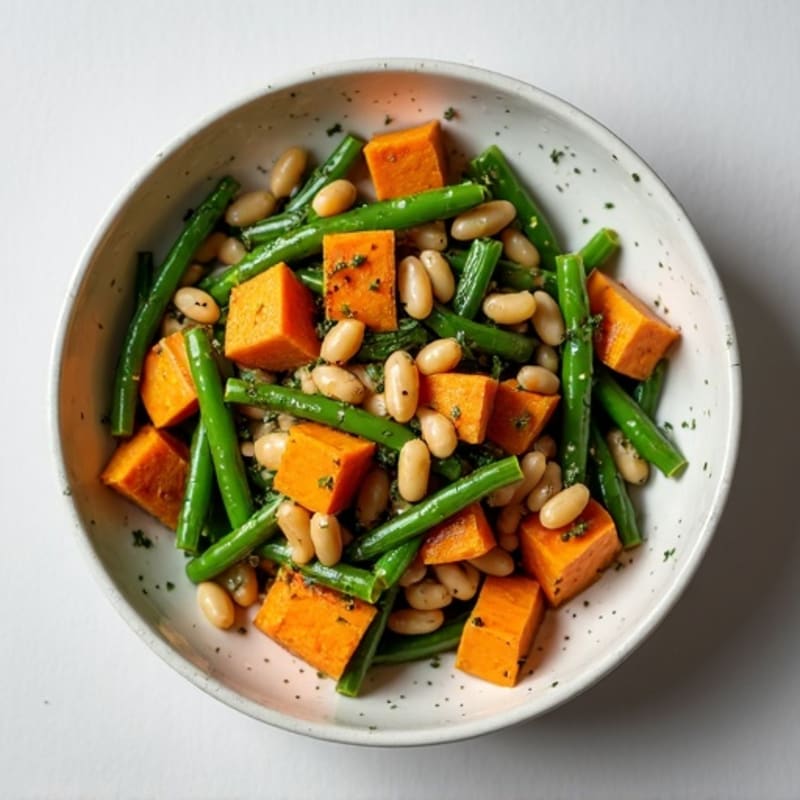 Herb-Roasted Sweet Potato Bowl with Green Beans and Cannellini