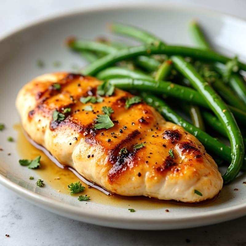 Pan-Seared Chicken with Savory Garlic-Vinegar Sauce and Roasted Green Beans