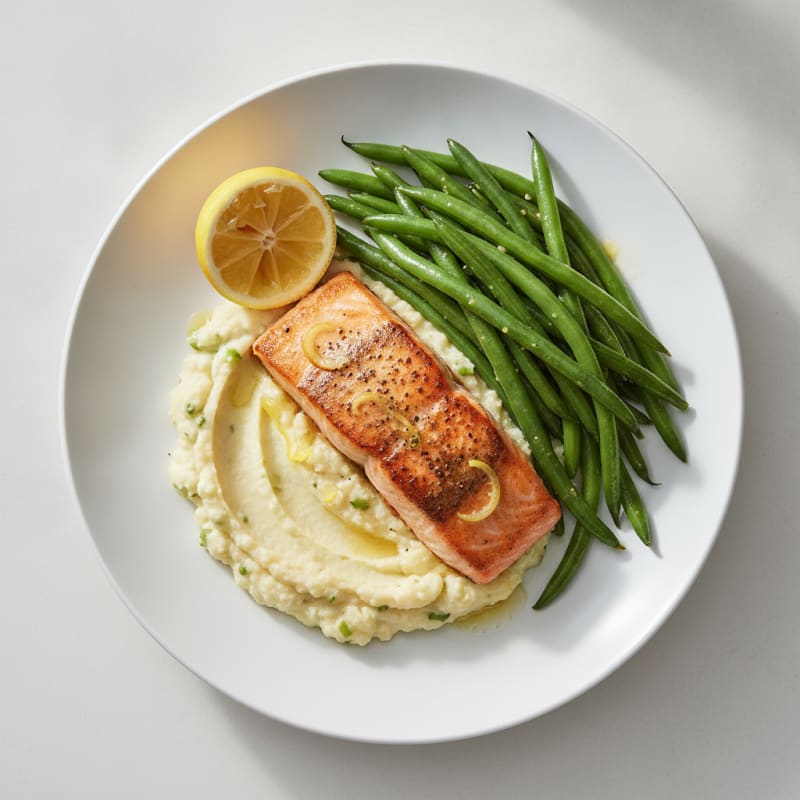 Seared Salmon Fillet with Steamed Green Beans and Garlic Mashed Cauliflower