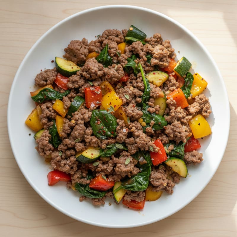 Savory Ground Beef and Rainbow Vegetable Skillet