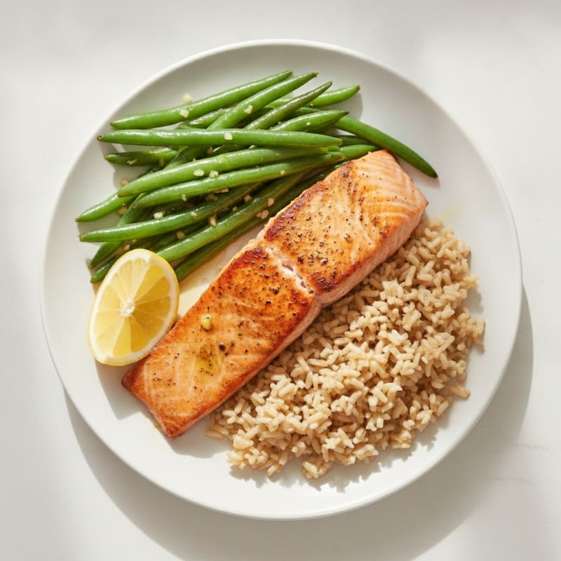 Seared Salmon Fillet with Garlic Green Beans and Brown Rice
