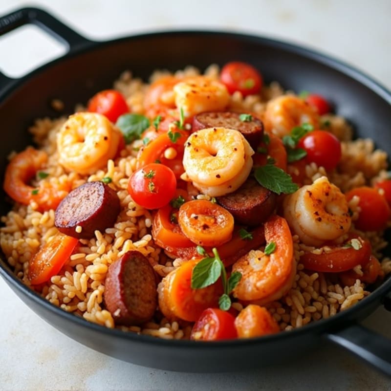 Spicy Chicken, Sausage, and Shrimp Rice Skillet