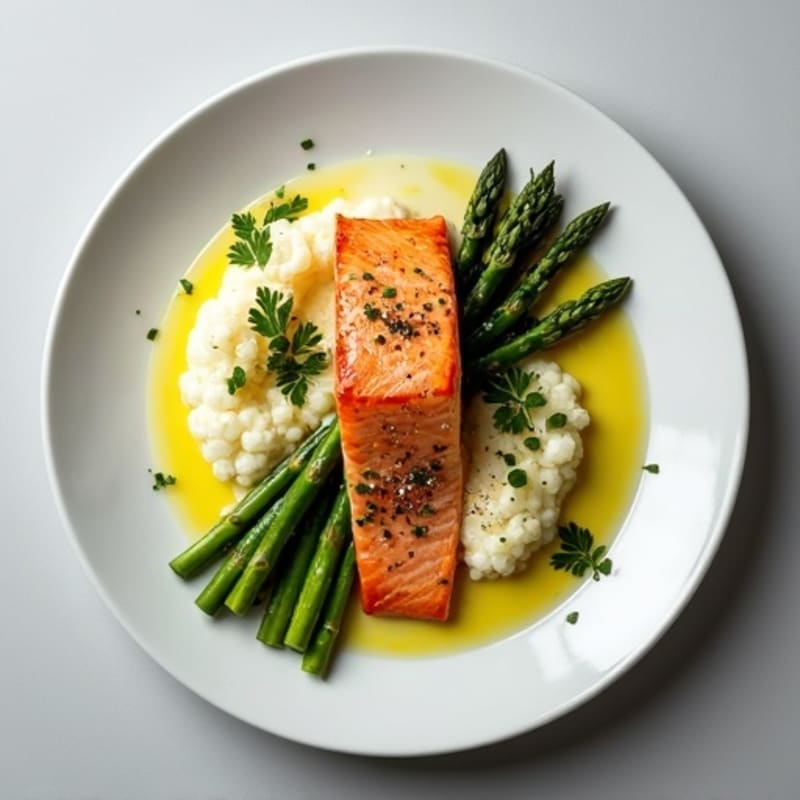 Seared Salmon with Roasted Asparagus and Cauliflower Mash