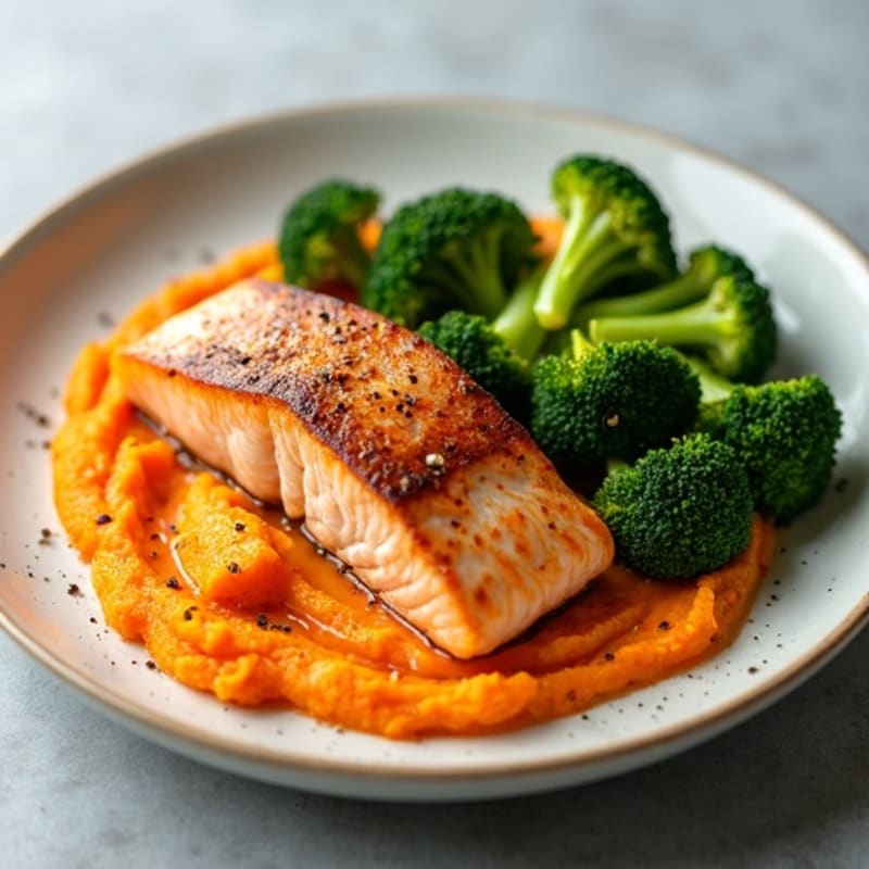 Seared Salmon with Roasted Broccoli and Sweet Potato Mash