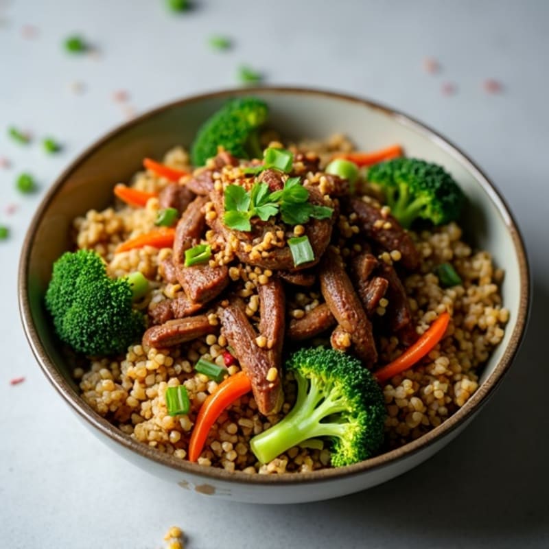 Savory Garlic-Ginger Beef and Crispy Broccoli Rice Bowl