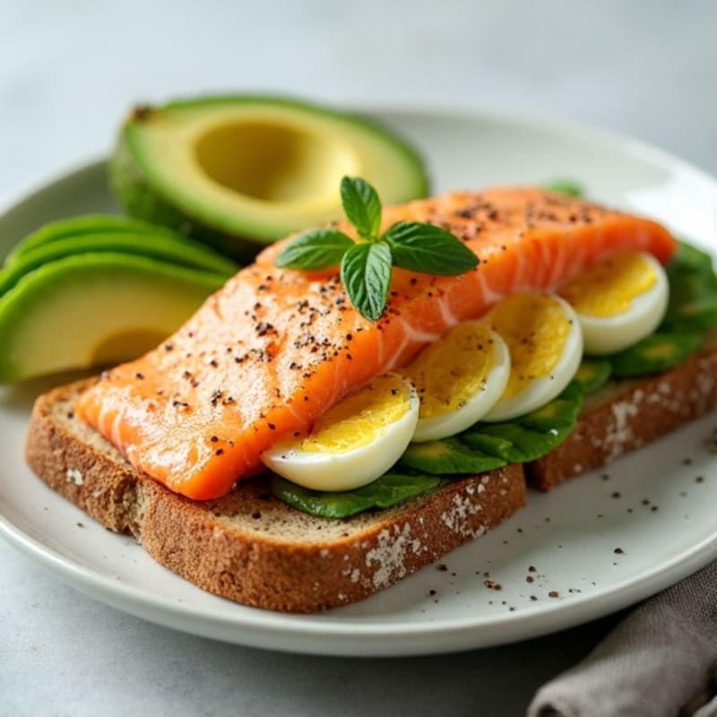 Pan-Seared Salmon with Creamy Avocado Egg Salad on Whole Wheat Toast