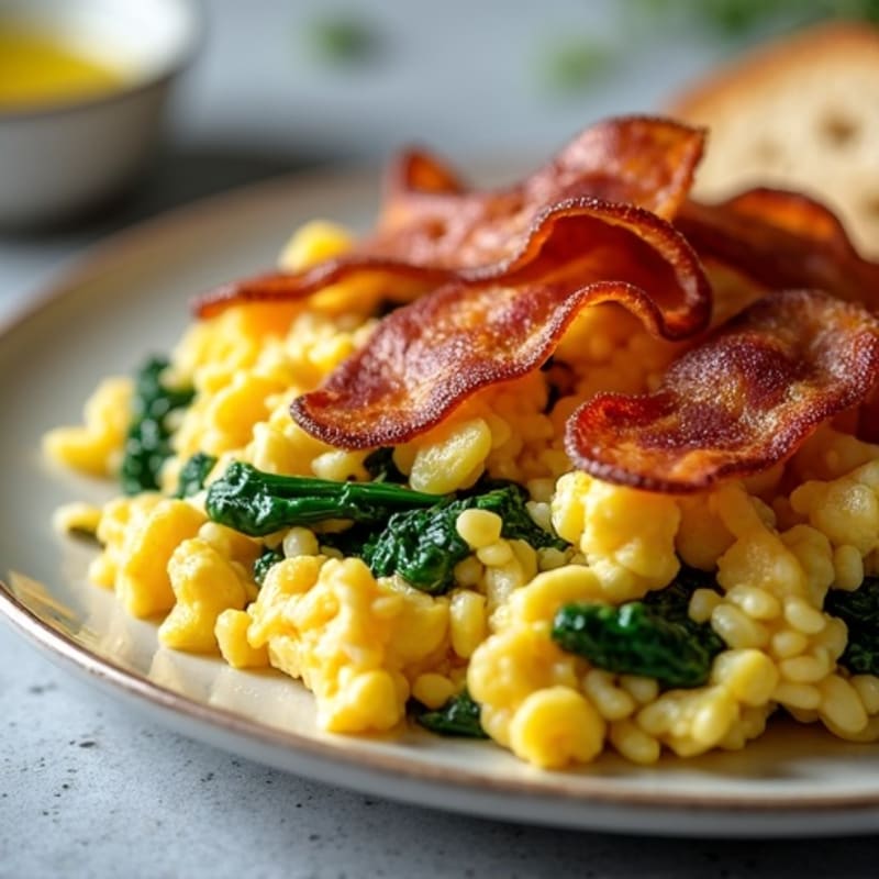 Crispy Turkey Bacon and Egg White Scramble with Sautéed Spinach
