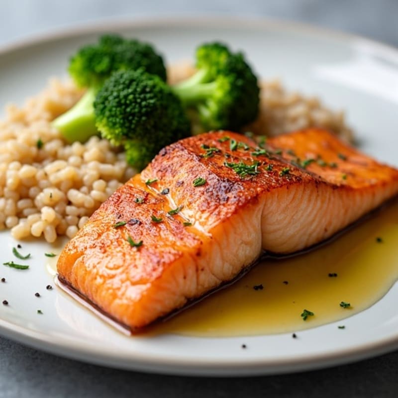Seared Salmon Filet with Steamed Broccoli and Brown Rice