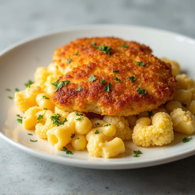 Creamy Cheesy Cauliflower Mac with Crispy Chicken