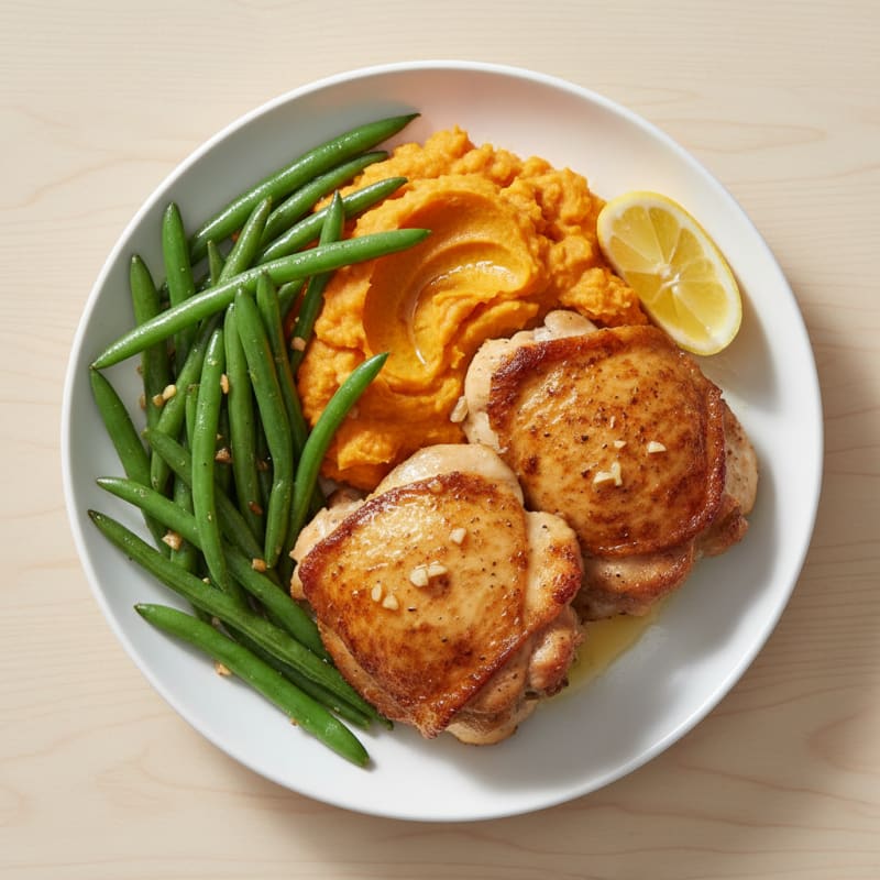 Seared Chicken Thighs with Garlic Green Beans and Sweet Potato Mash