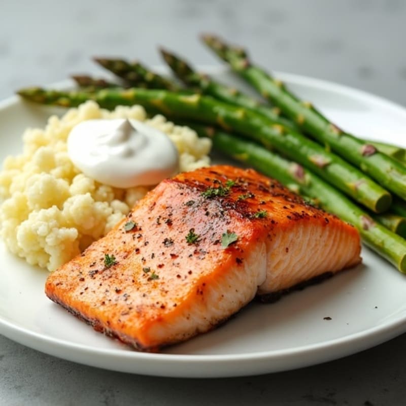 Seared Salmon with Steamed Asparagus and Garlic Cauliflower Mash