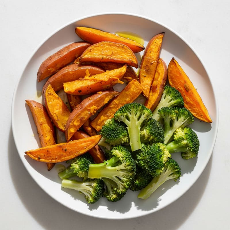 Roasted Sweet Potato with Steamed Broccoli and Olive Oil Drizzle