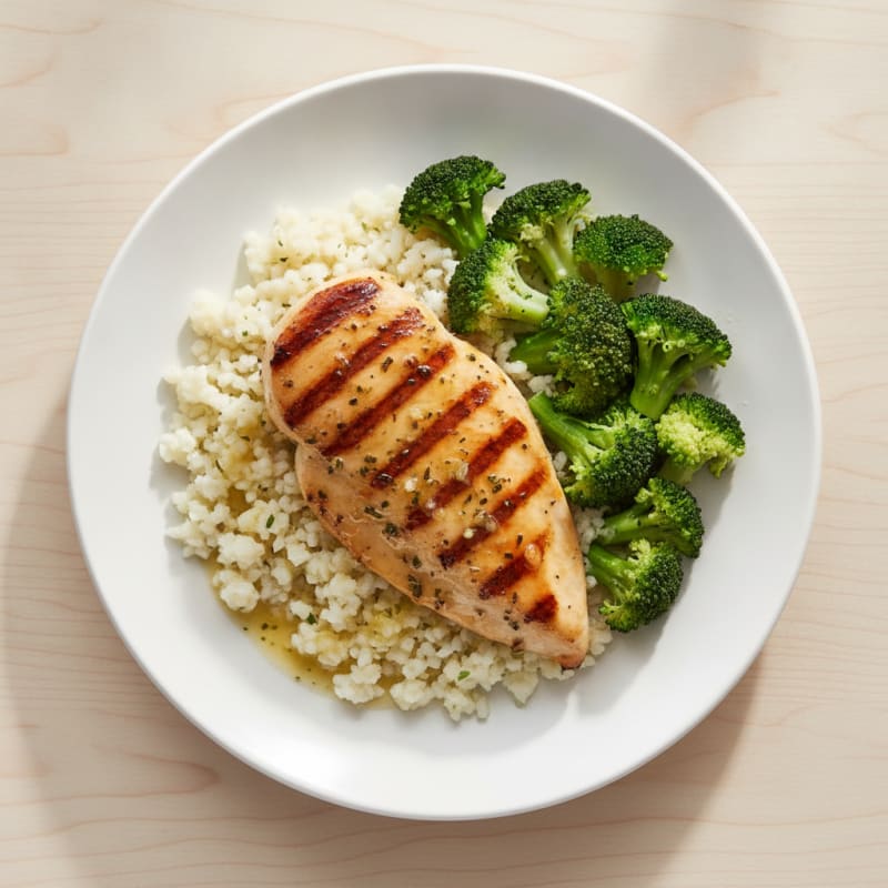 Grilled Chicken Breast with Steamed Broccoli and Cauliflower Rice