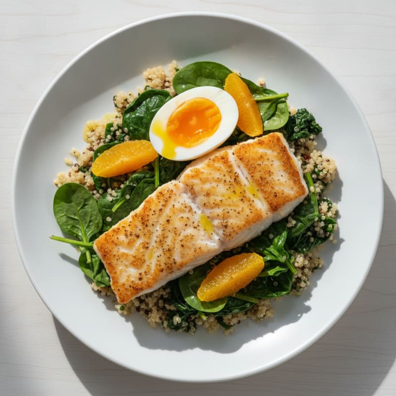 Seared White Fish with Roasted Spinach and Quinoa