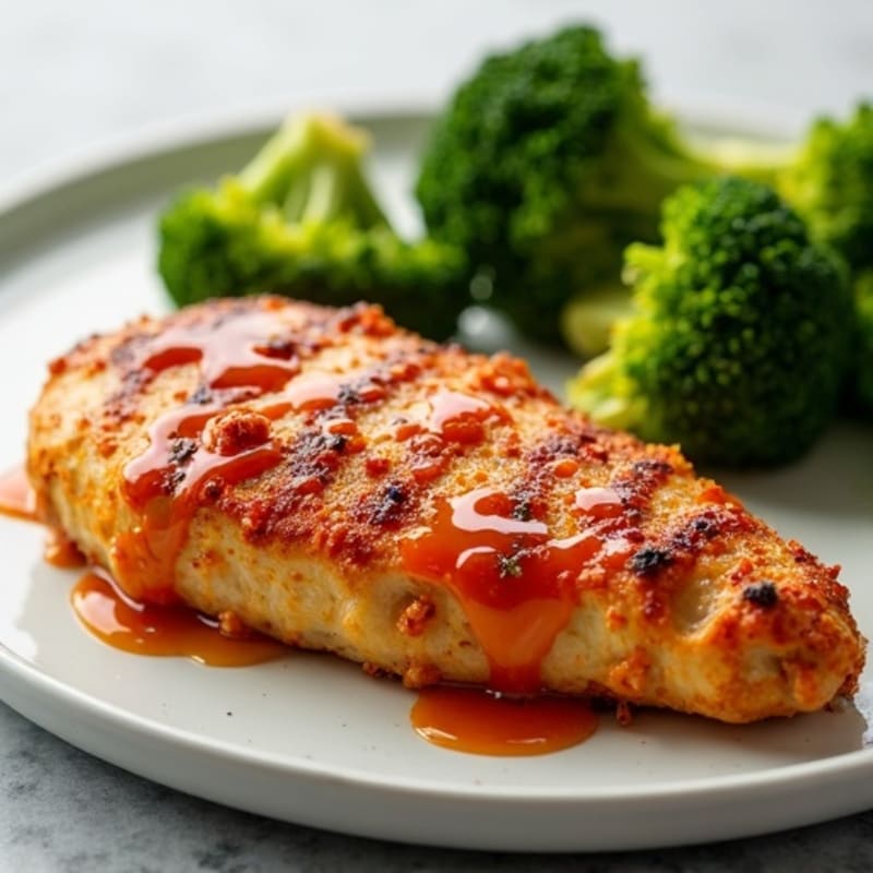 Crispy Baked Chicken with Sweet and Spicy Garlic Sauce and Steamed Broccoli