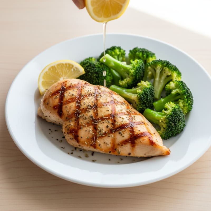 Grilled Chicken Breast with Steamed Broccoli and Lemon