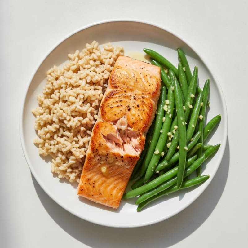 Seared Salmon with Garlic Green Beans and Brown Rice