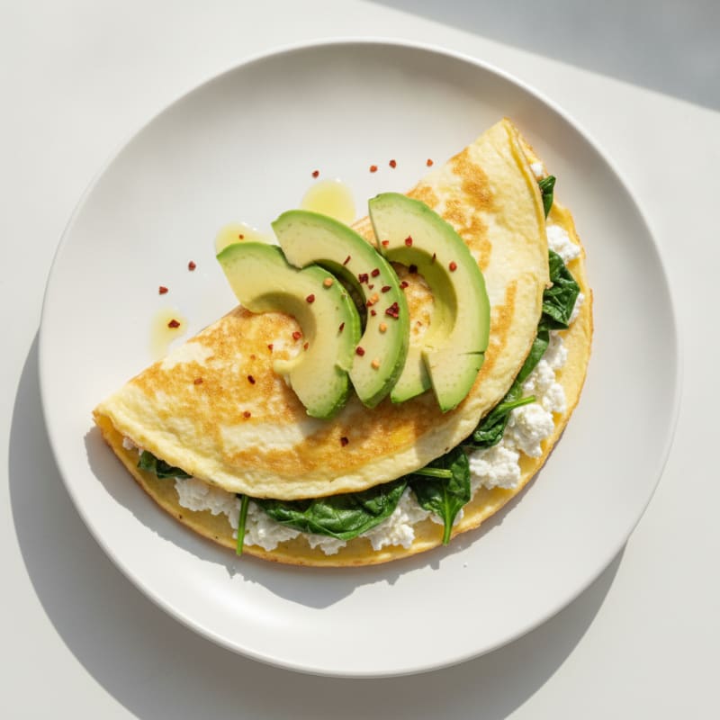 Egg White Spinach Omelet with Cottage Cheese and Sliced Avocado