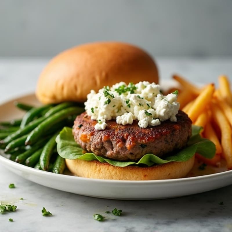 Lean Buffalo Blue Cheese Beef Burgers with Roasted Green Beans
