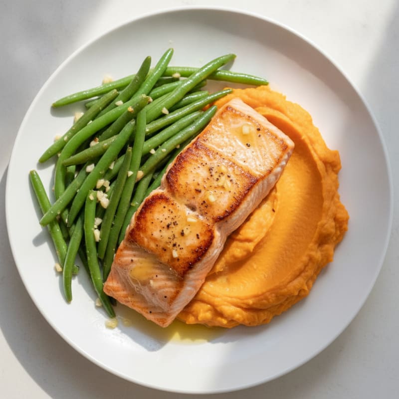 Seared Salmon with Garlic Green Beans and Sweet Potato Mash