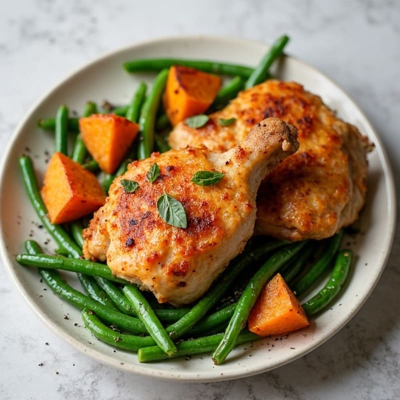 Crispy Baked Chicken Thighs with Roasted Green Beans and Sweet Potatoes